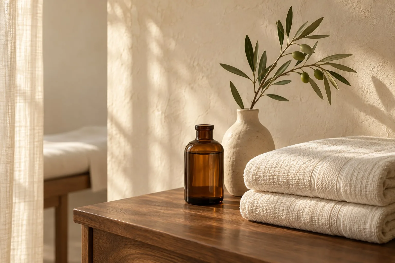 Spa-inspired still life of folded towels, ceramics and botanical details