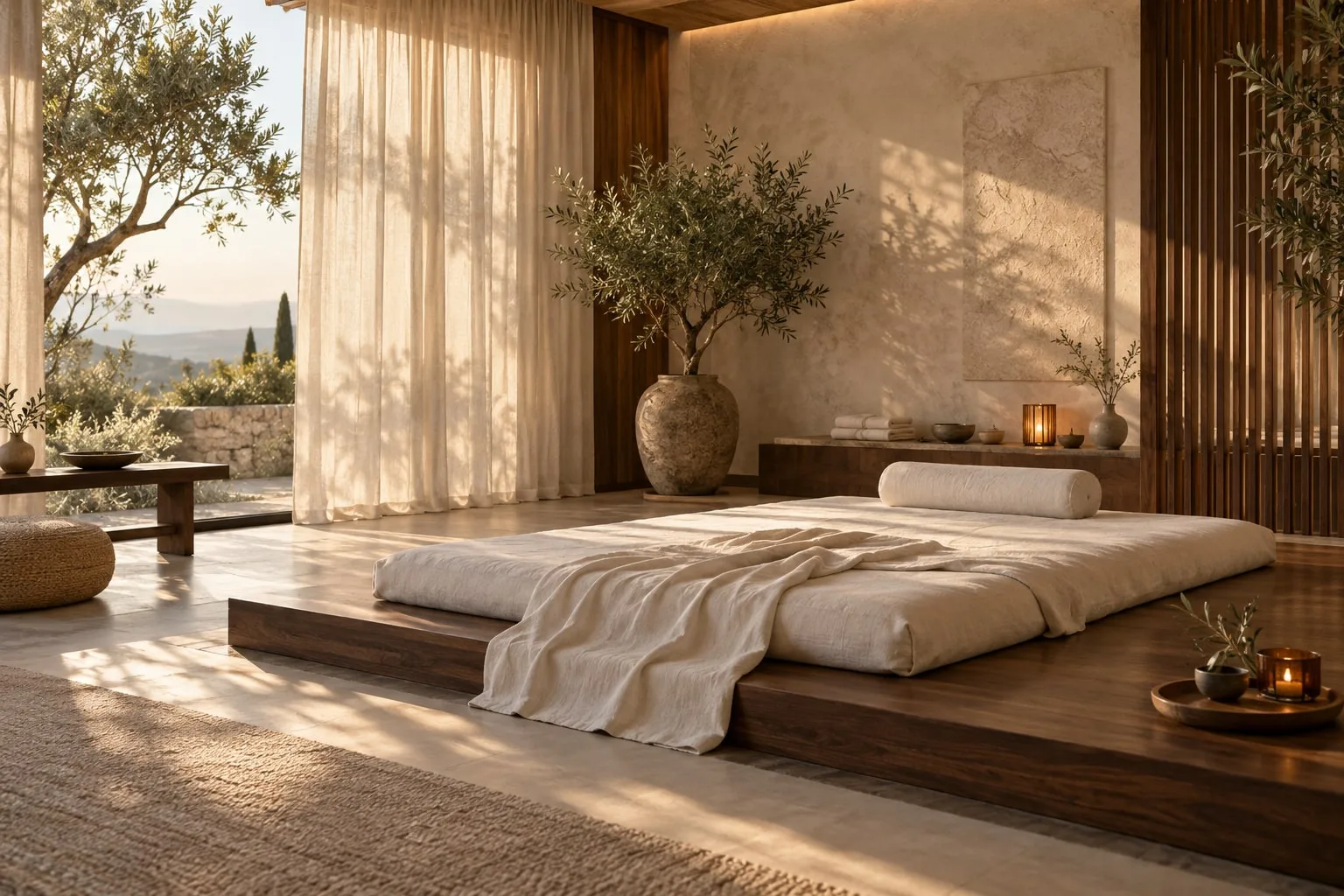Concept illustration of a linen futon in a warm, softly lit spa room